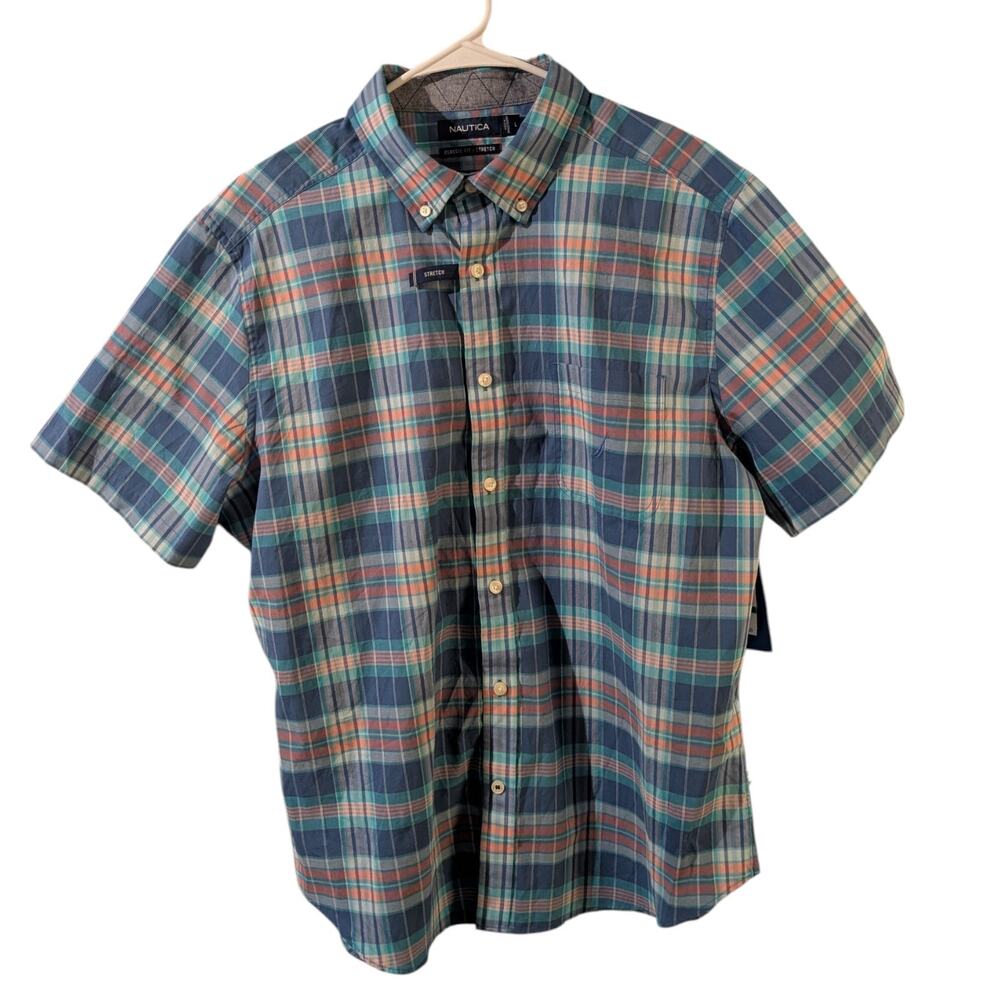 Nautica Men’s Classic Fit Plaid Short Sleeve Button Down Shirt Large Blue Green